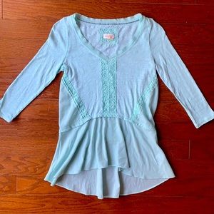Meadow Rue Anthropologie Light Blue Lace Trim V-Neck Peplum Top Boho Size XS